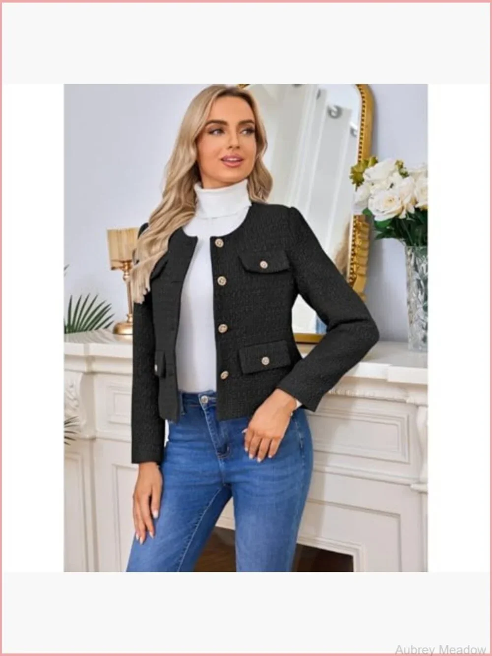 Women's Tweed Blazer Jacket Casual Long Sleeve Button Down Cropped Coat
